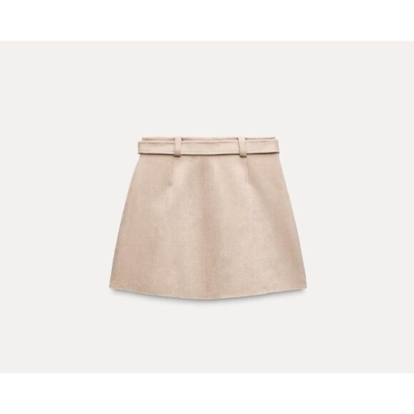 Zara Womens Mini Skirt S Small Tan Short Belted Faux Suede 3046/354 NWT - Picture 3 of 10